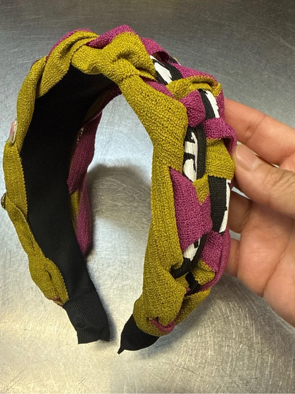 Daisy Character Embroidered Pink & Purple Headband with Olive Trim